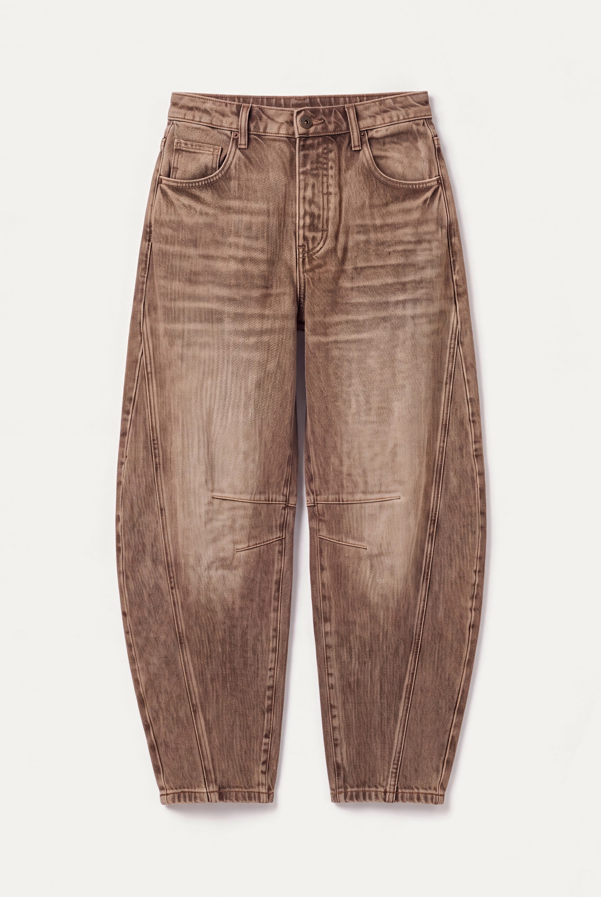Barrel leg jeans dame i brun denim, produktbillede lagt fladt