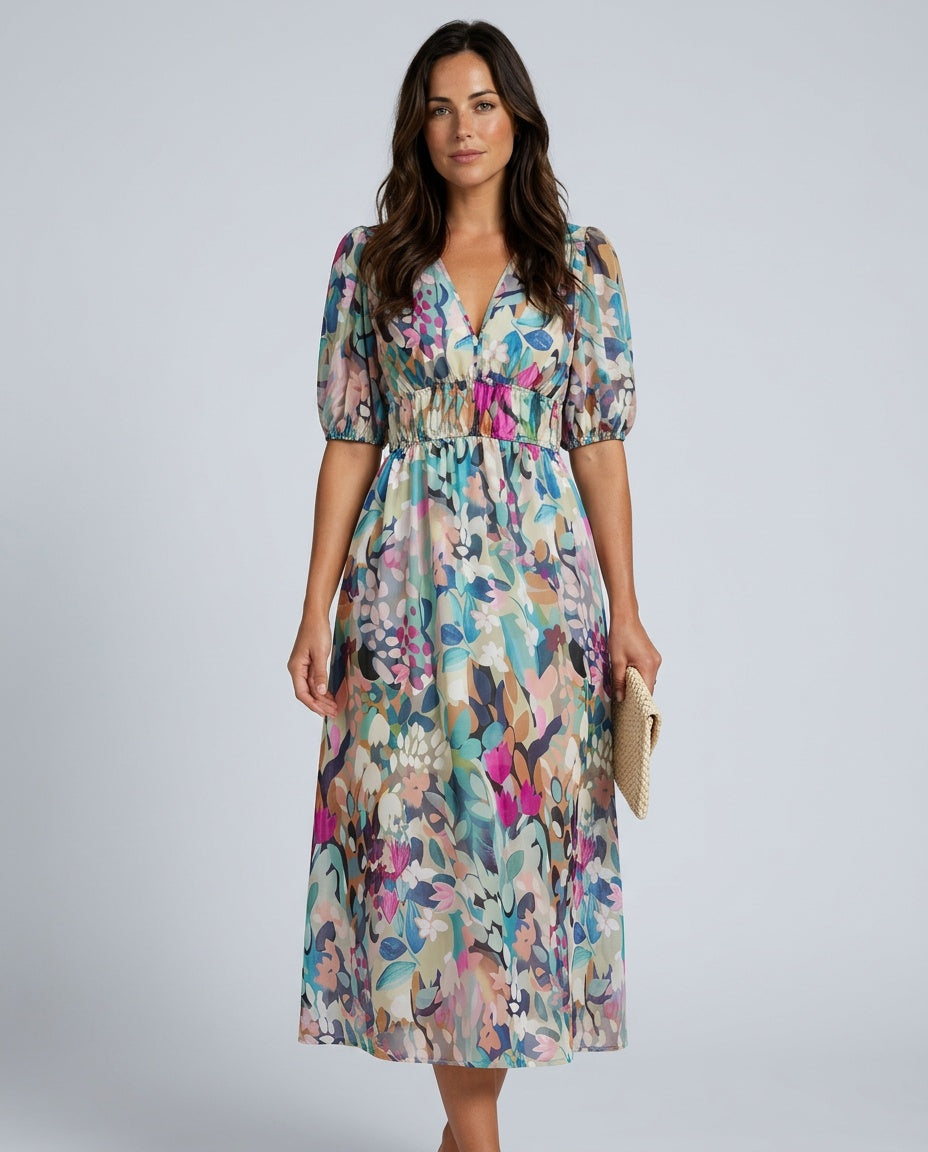 Puff Sleeve Midi Dress Women – V-Neck Pleated Abstract Dress
