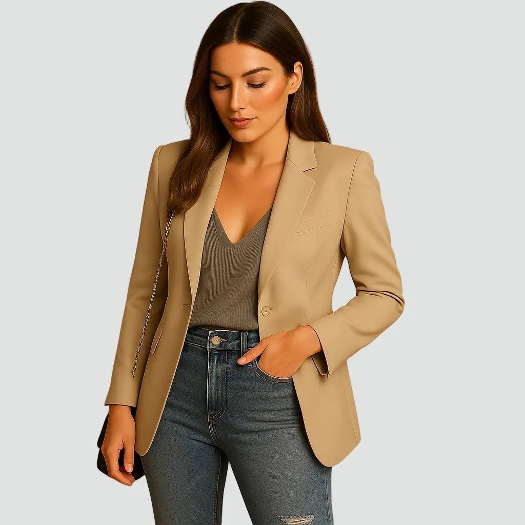 Elise Lang Blazer Dame – Taljesnit med Klapkrave og Klaplommer  Panorla