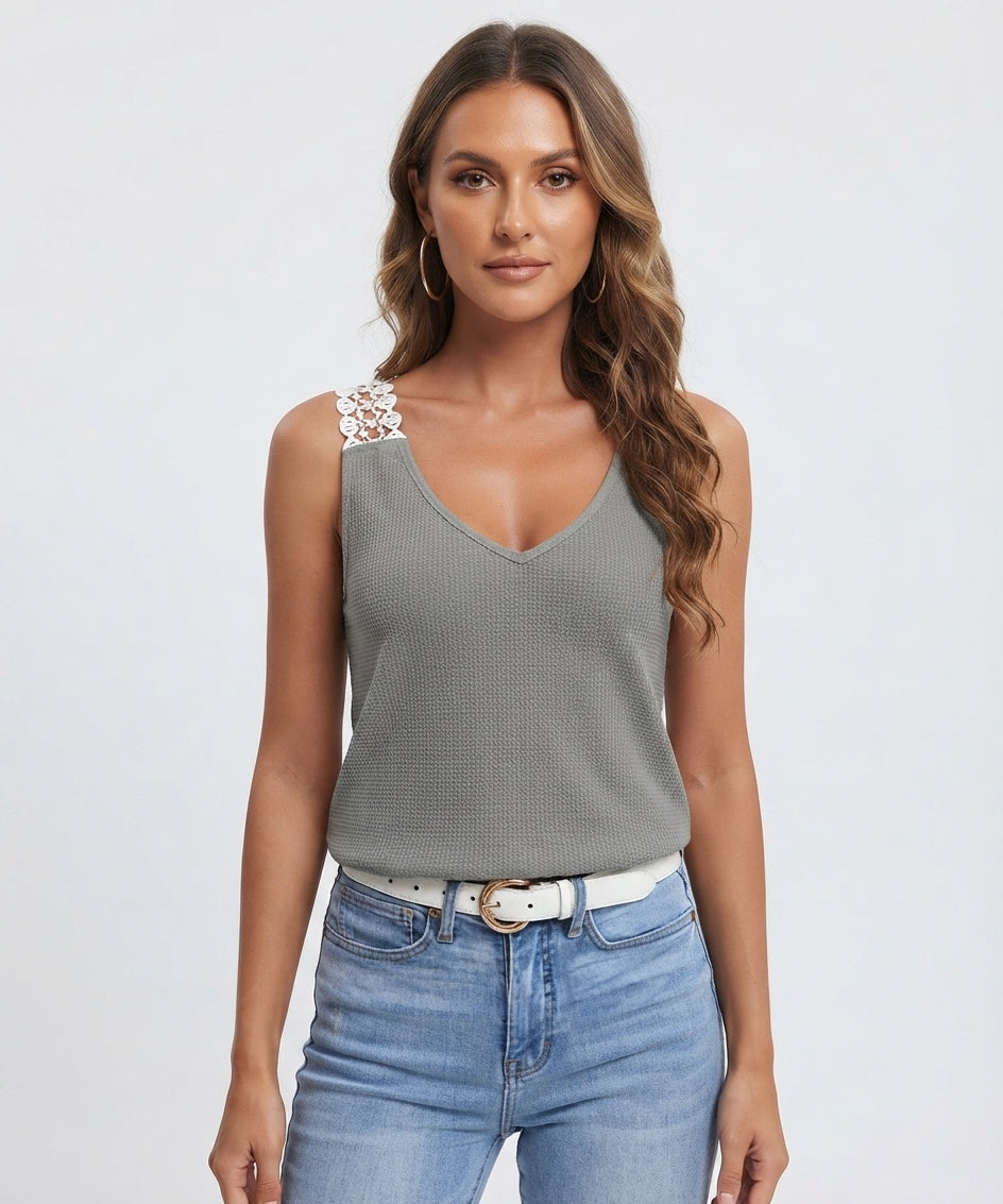 Waffelstrik Tanktop Dame – Ærmeløs Top med Blondekant til Sommer
