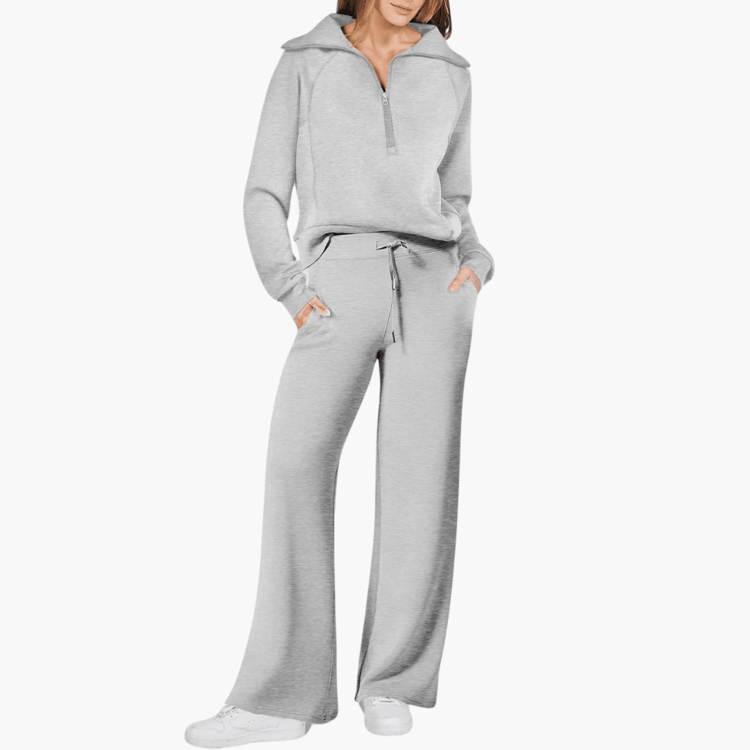 Fleece Hjemmesæt Dame 2-Delt – Kvartlynlås Hoodie og Vidben Bukser
