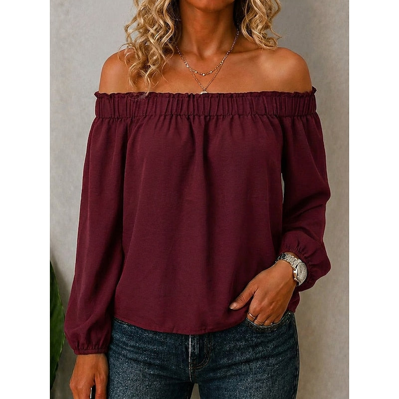 Off-Shoulder Top Dame – Bardotbluse med Volan og Lange Ærmer