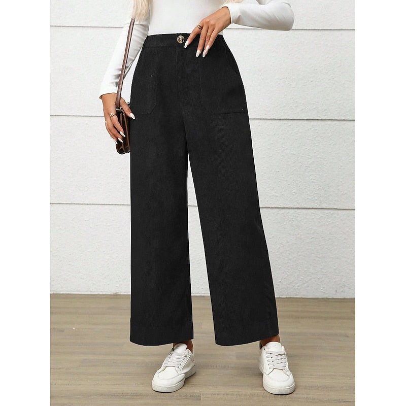 Corduroy Trousers Women – High Waist Wide Leg Trousers with Patch Pockets