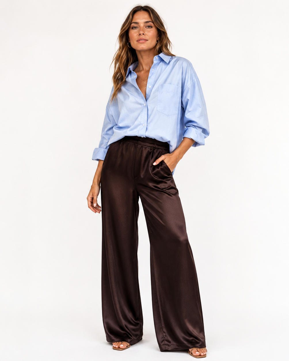 Satin Bukser Dame – Højtaljede Straight Leg Bukser med Plissé