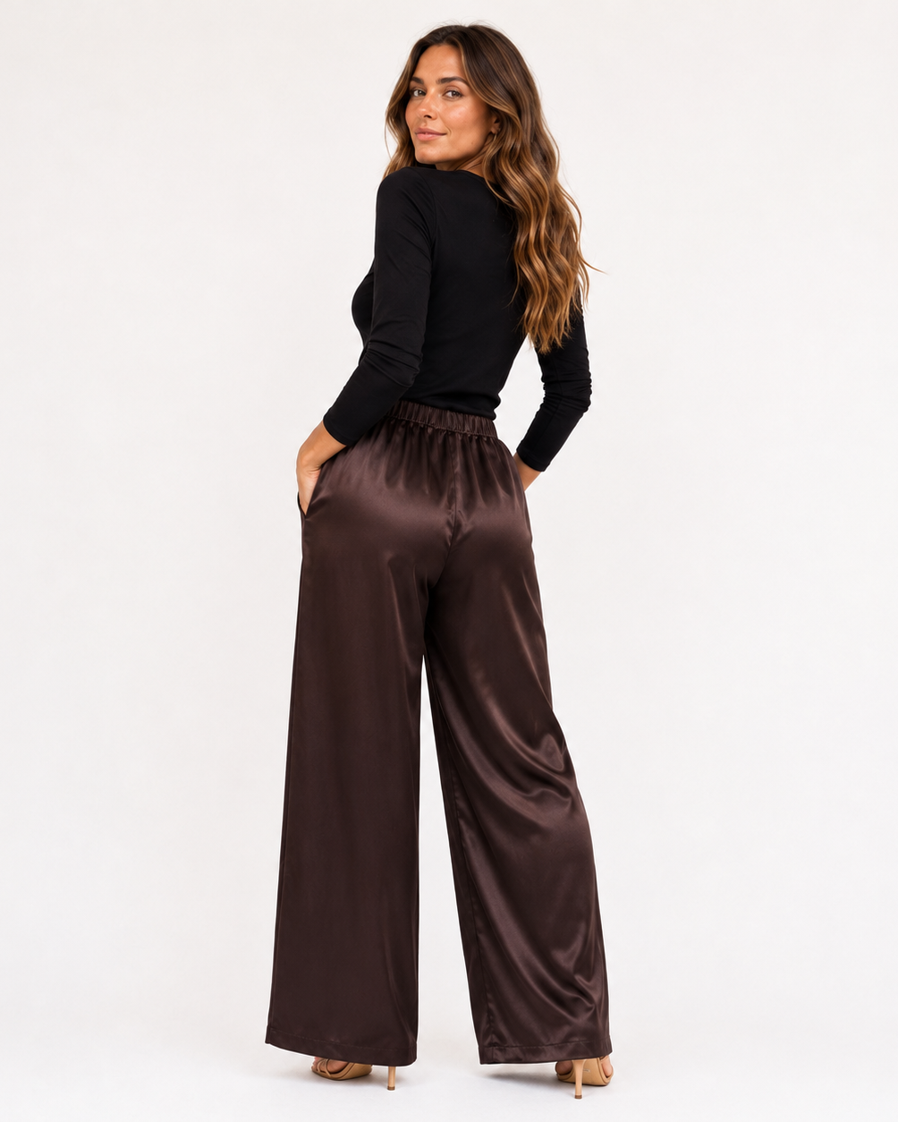 Satin Bukser Dame – Højtaljede Straight Leg Bukser med Plissé