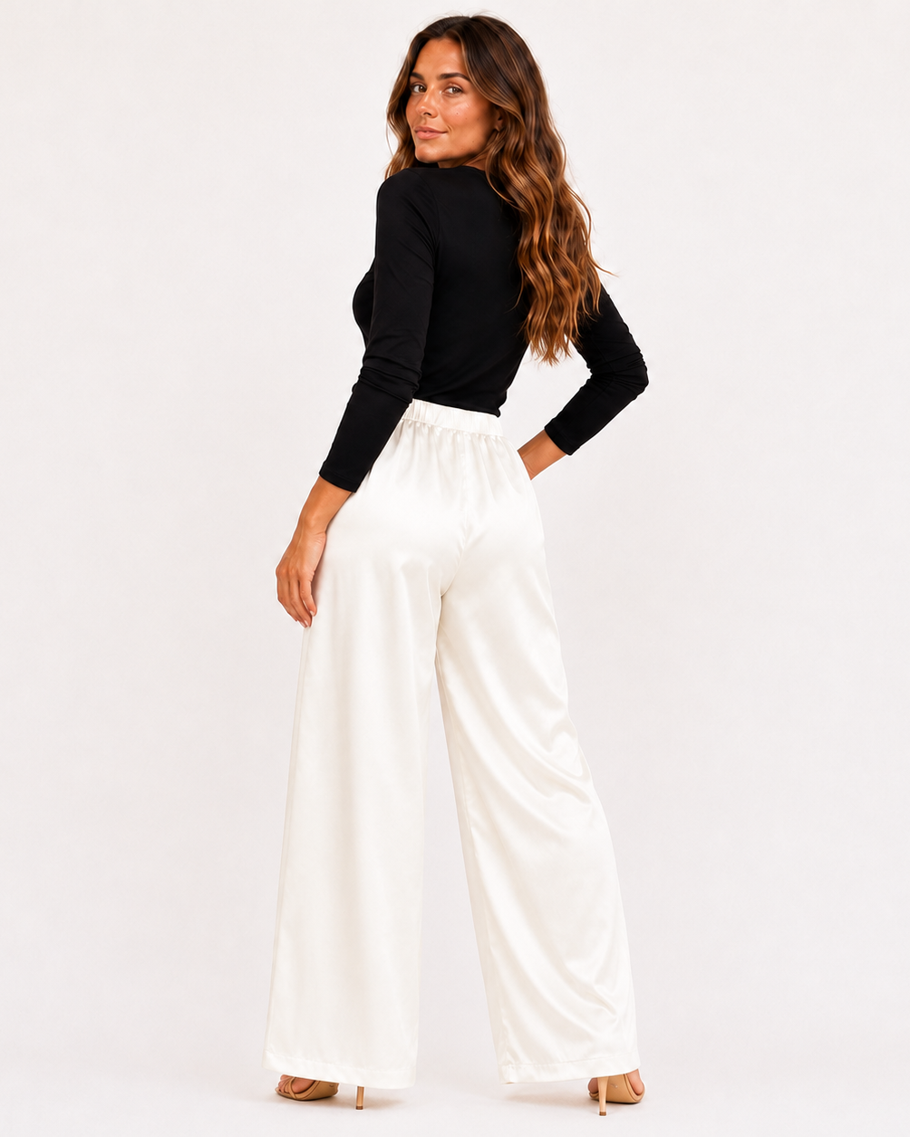 Satin Bukser Dame – Højtaljede Straight Leg Bukser med Plissé