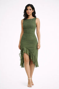 Midi dress women ruched sleeveless asymmetrical for wedding and party