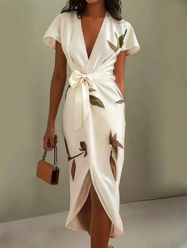Women's Floral Wrap Midi Dress – V-Neck, Tie Waist