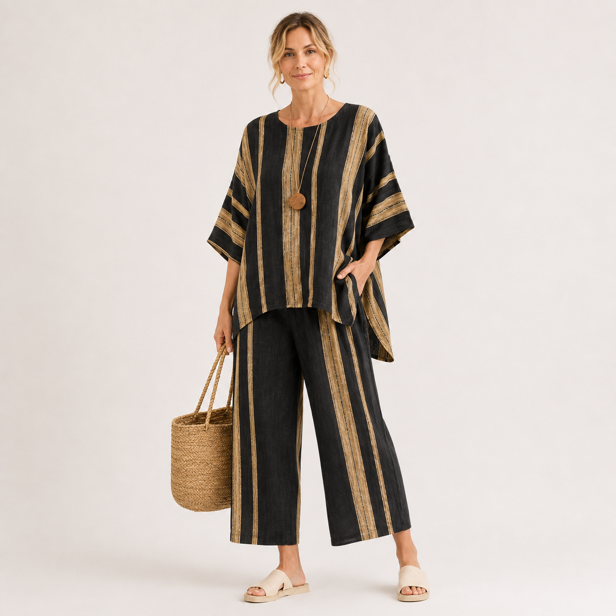Striped Linen Two Piece Set Women – Batwing Top & Wide-Leg Pants, Black