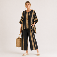 Striped Linen Two Piece Set Women – Batwing Top & Wide-Leg Pants, Black