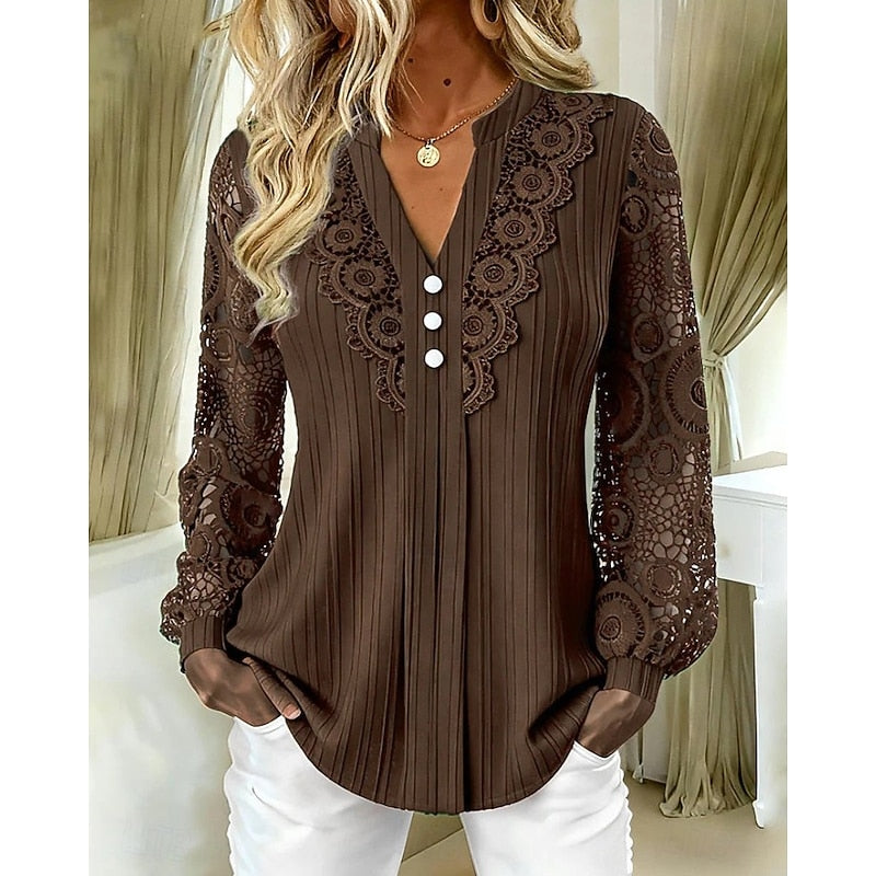 Blondebluse Dame – V-hals Bluse med Knapper og Lange Ærmer