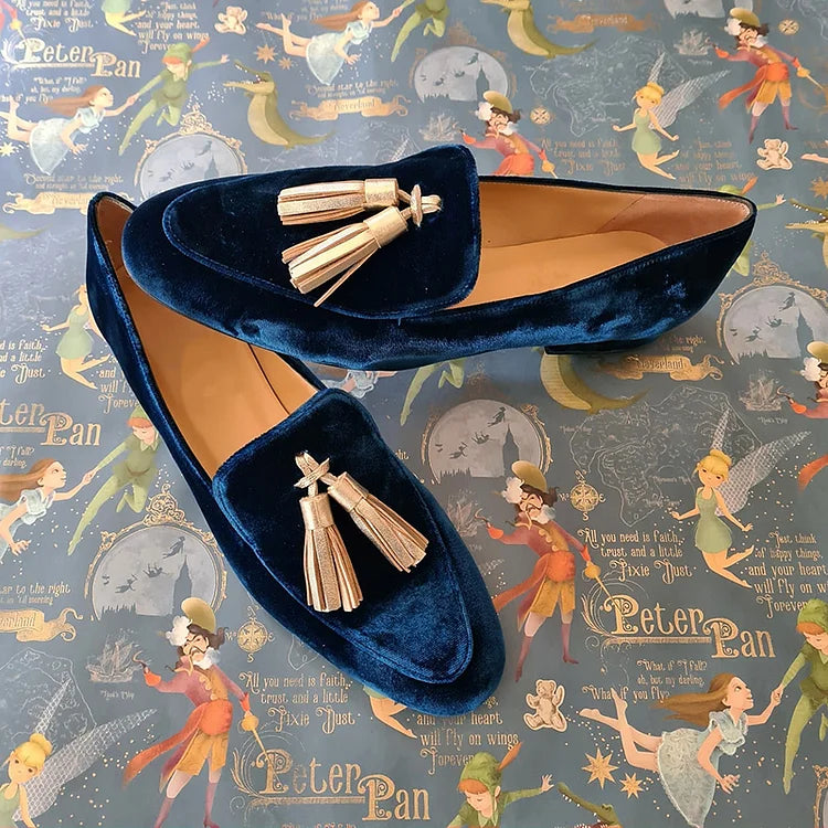 Loafersy Damskie – Aksamitne Loafersy z Chwostem, Granat