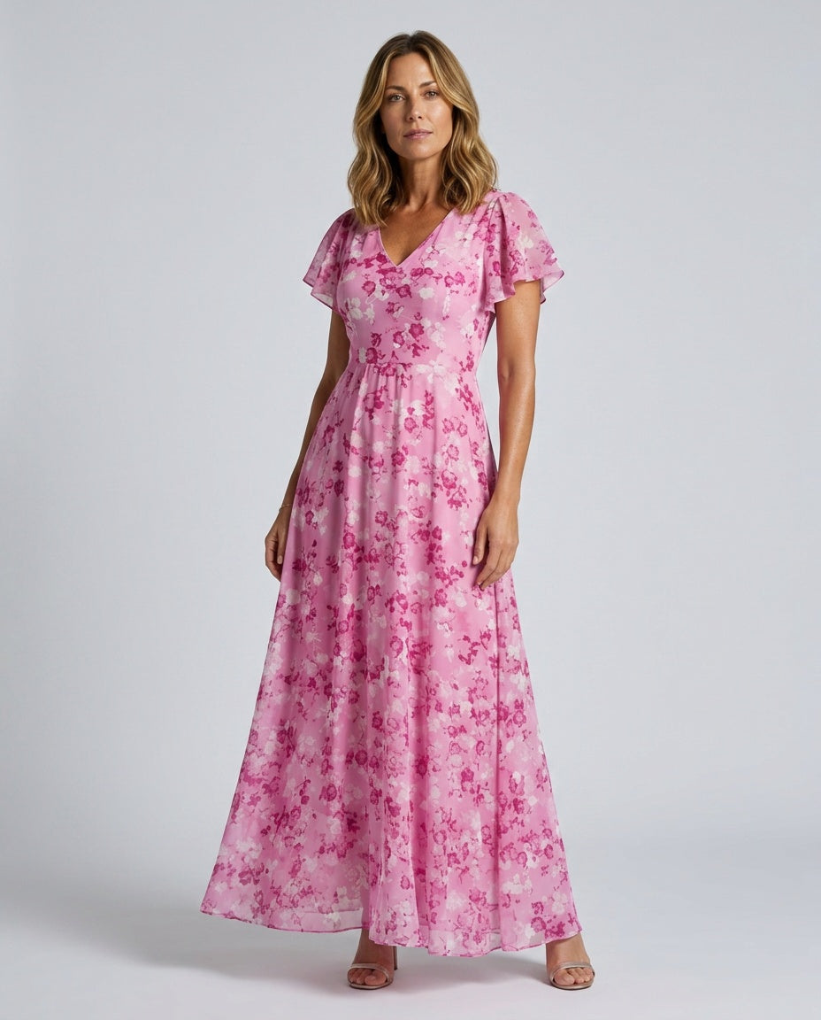 Floral Maxi Dress Women – Butterfly Sleeve A-Line Dress