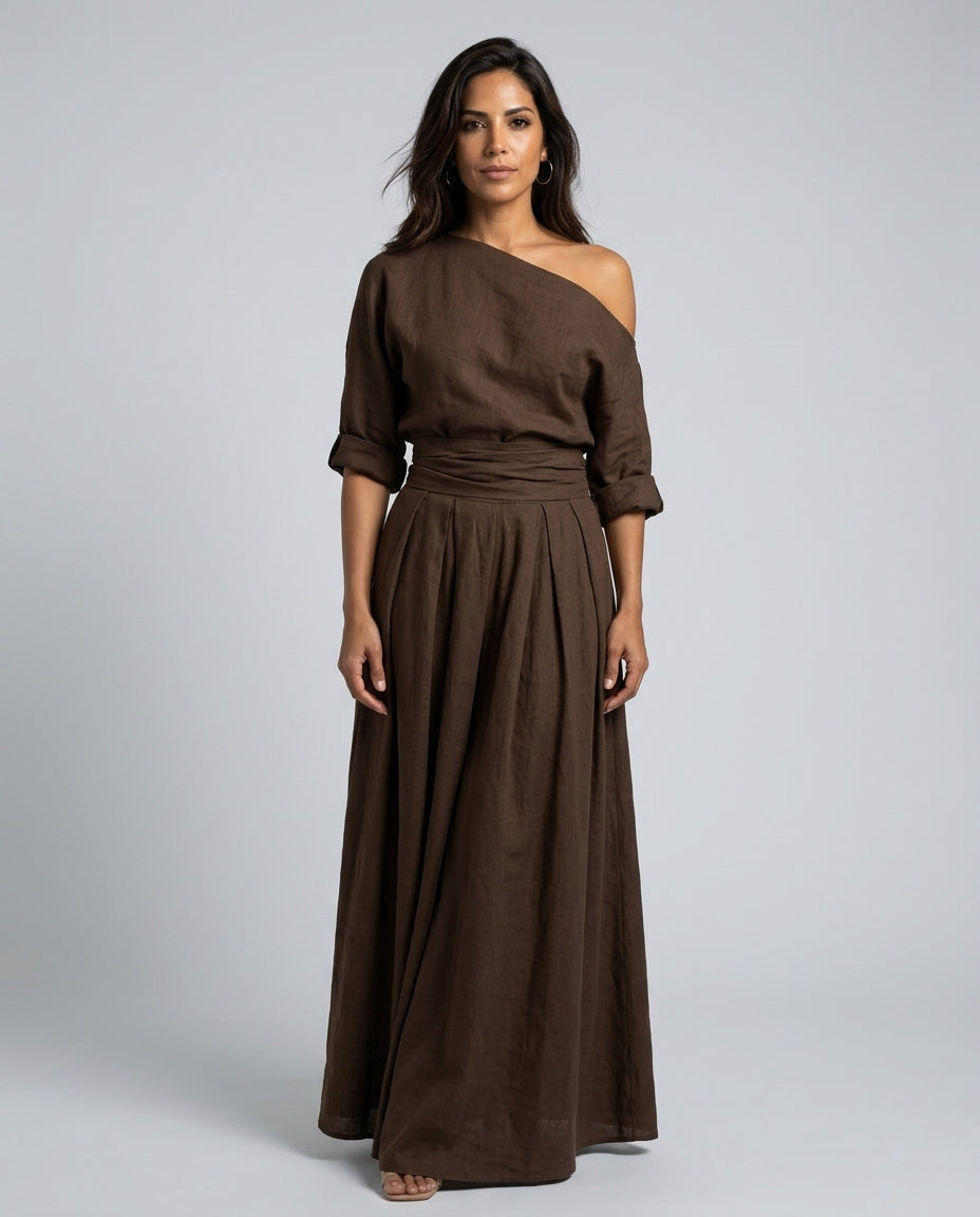 Sæt Dame One-Shoulder – Hørlook Top og A-formet Maxinederdel