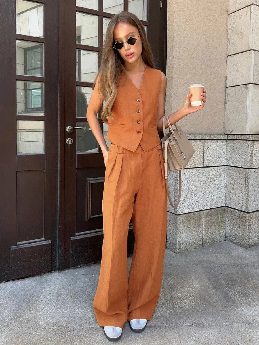Linen Set Women 2-Piece – Sleeveless Vest & Wide Pants