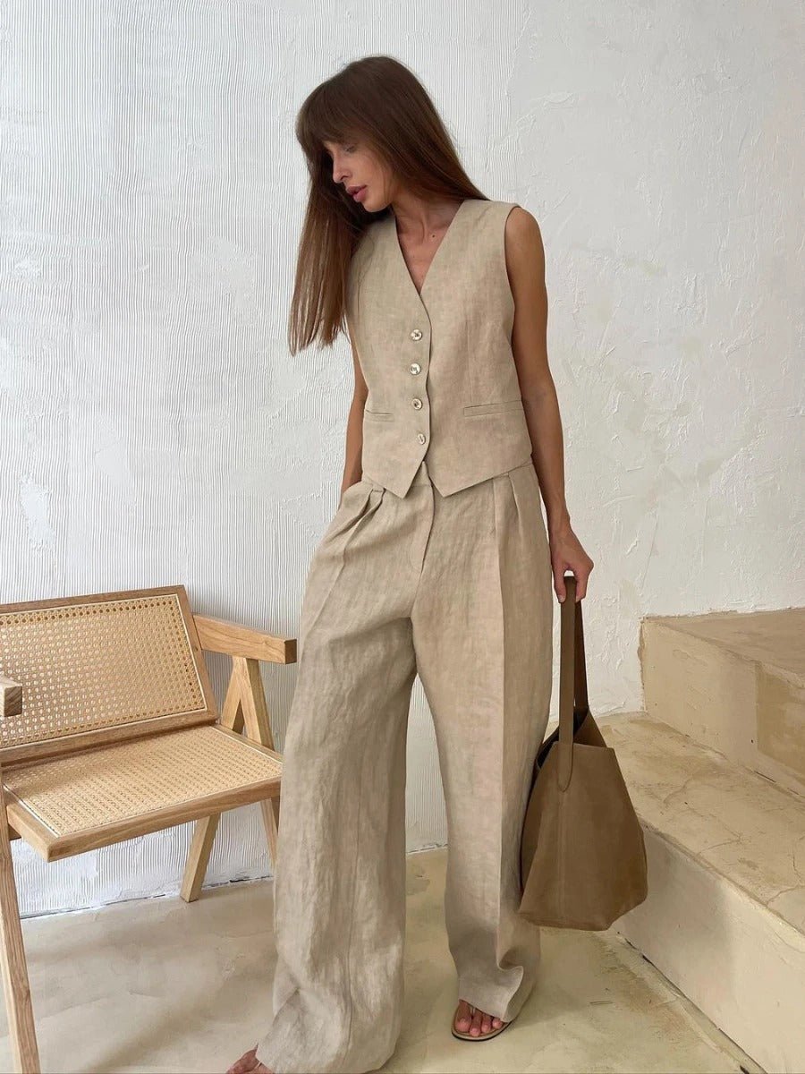 Linen Set Women 2-Piece – Sleeveless Vest & Wide Pants