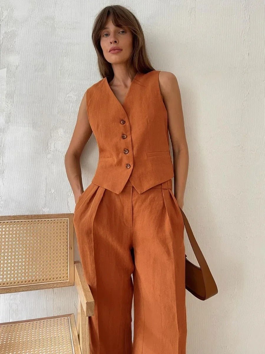 Linen Set Women 2-Piece – Sleeveless Vest & Wide Pants