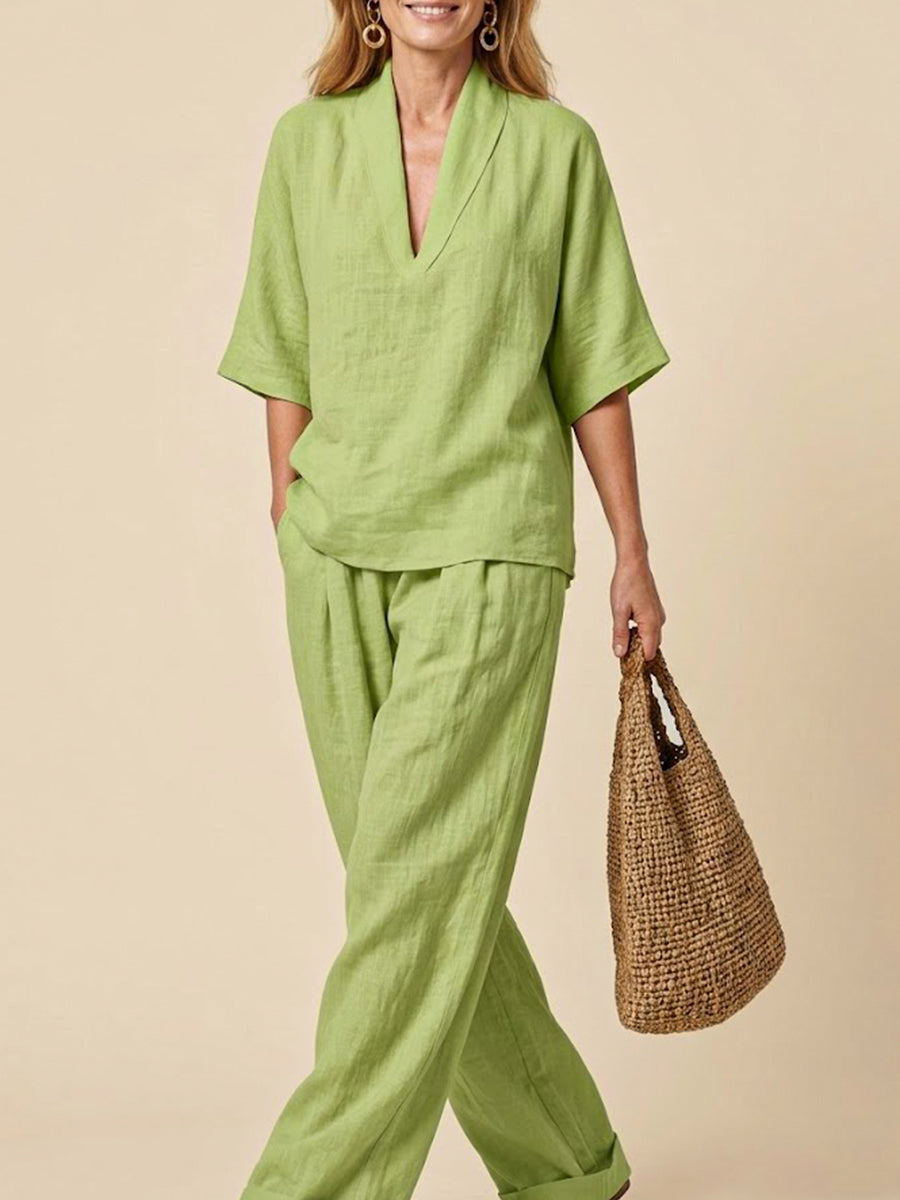 Linen Blend Two-Piece Set Women – V-Neck Top & Trousers