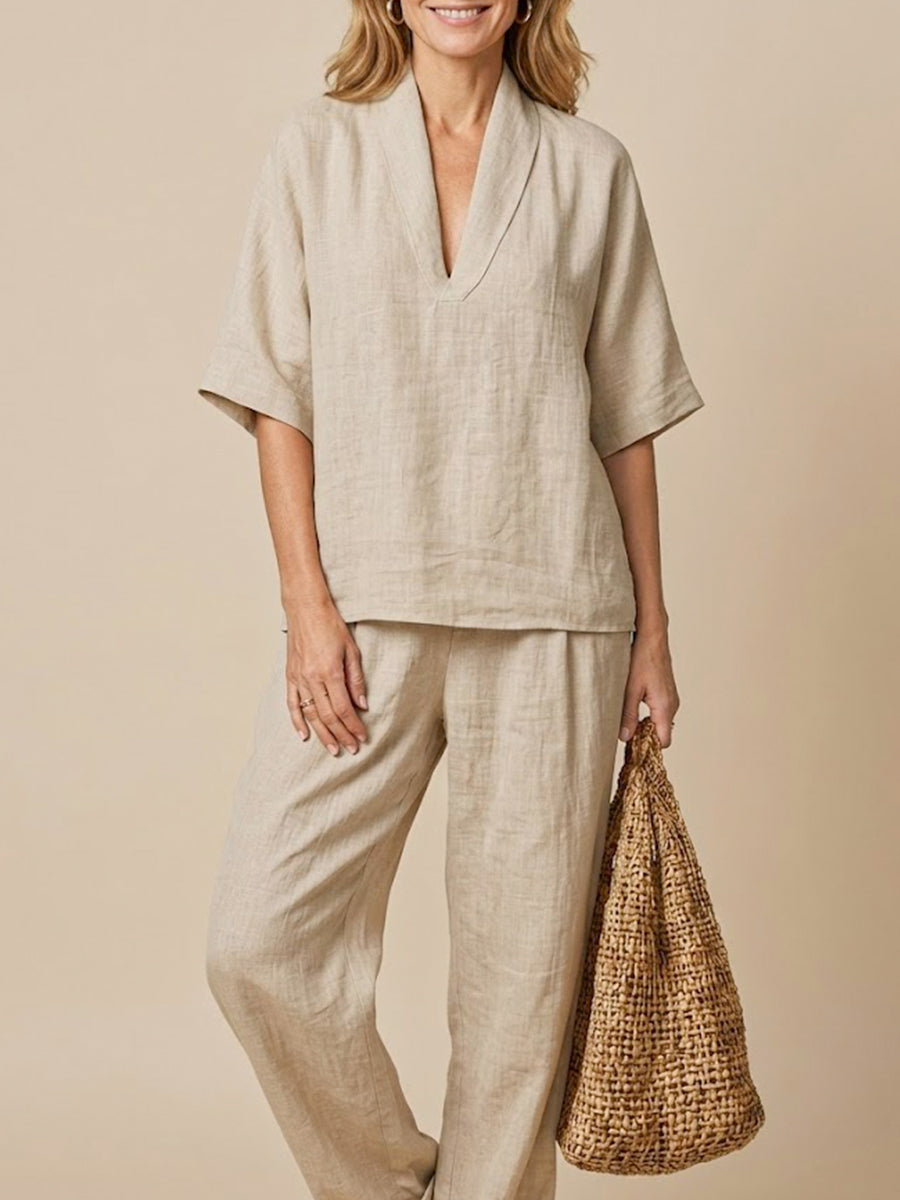 Linen Blend Two-Piece Set Women – V-Neck Top & Trousers