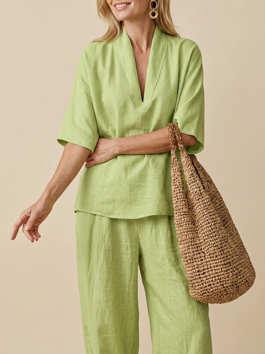 Linen Blend Two-Piece Set Women – V-Neck Top & Trousers