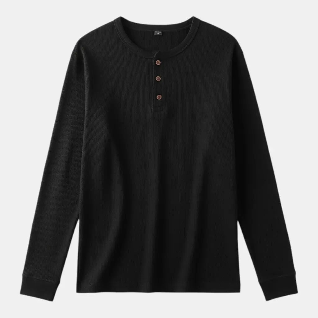 Panorla men's black long-sleeve henley t-shirt with round neck and button closure, made from soft, breathable material.