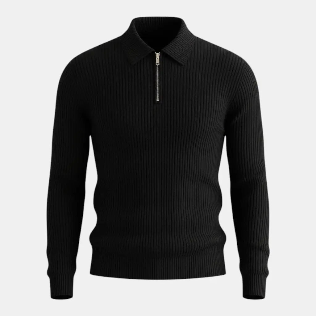 Panorla men's black ribbed knit half-zip polo shirt with stretch acrylic blend.
