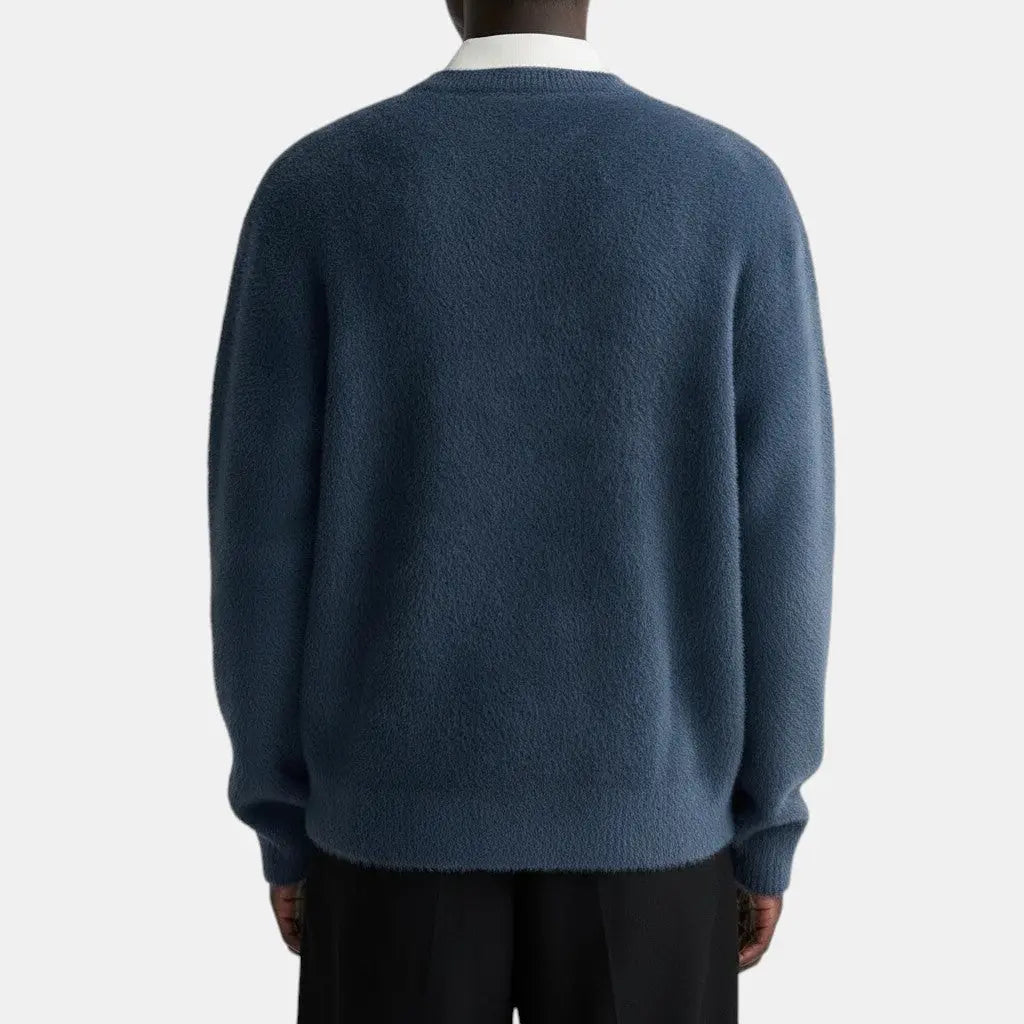 Panorla men's long-sleeved polo shirt in textured blue alpaca with a classic collar and relaxed fit.