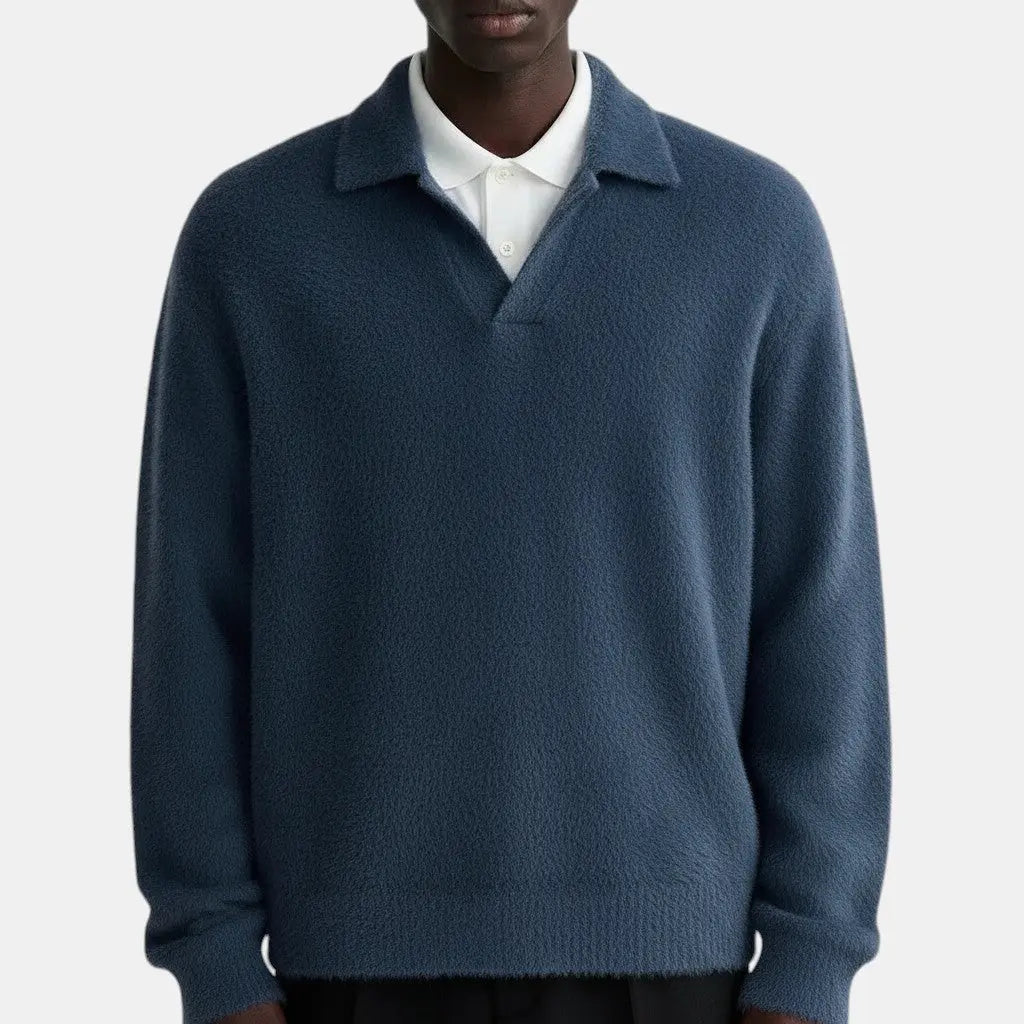 Panorla men's long-sleeved polo shirt in textured blue alpaca with a classic collar and relaxed fit.