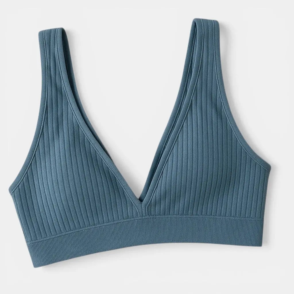 Panorla blue seamless plunge bra with deep V neckline and ribbed stretch fabric, no underwire.