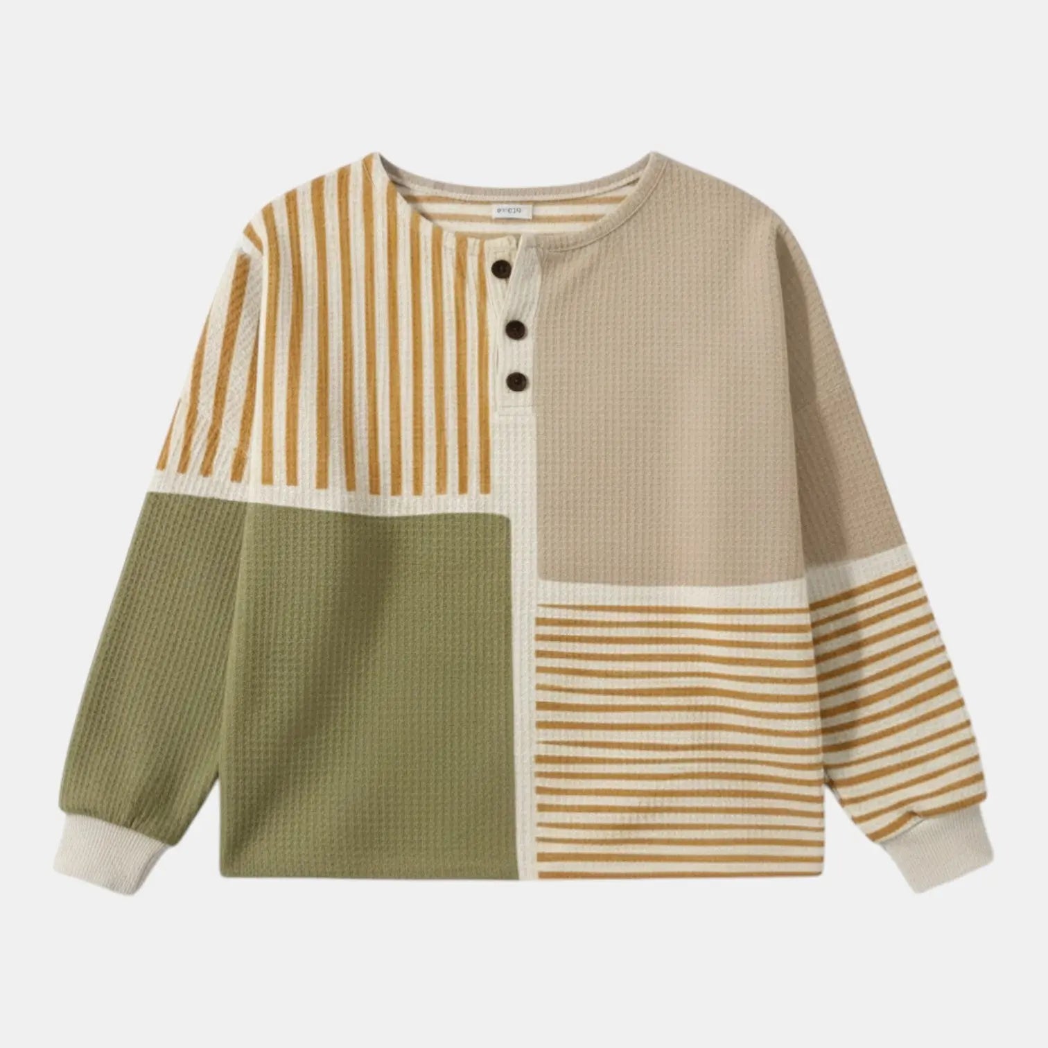 Panorla women's waffle knit sweater with color block design in green, beige, and gold stripes. Loose fit, breathable, and comfortable.
