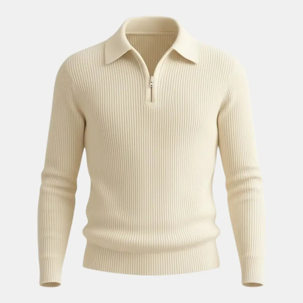 Panorla men's cream ribbed knit half-zip polo shirt with stretch acrylic blend
