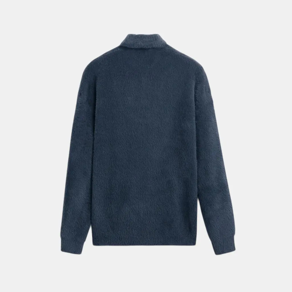 Panorla men's long-sleeved polo shirt in dark blue alpaca with a textured finish and hidden button closure.