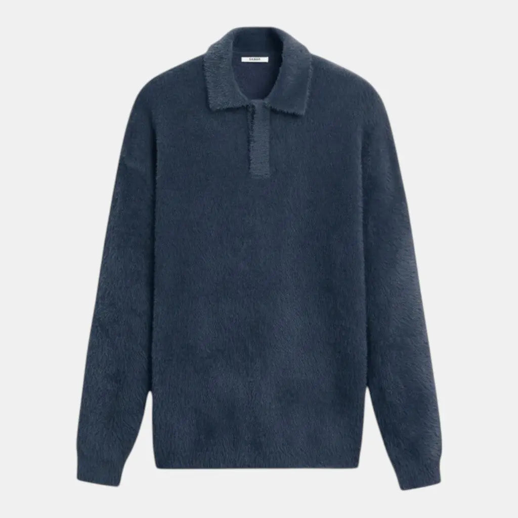 Panorla men's dark blue alpaca long-sleeve polo shirt with textured finish and hidden button closure.