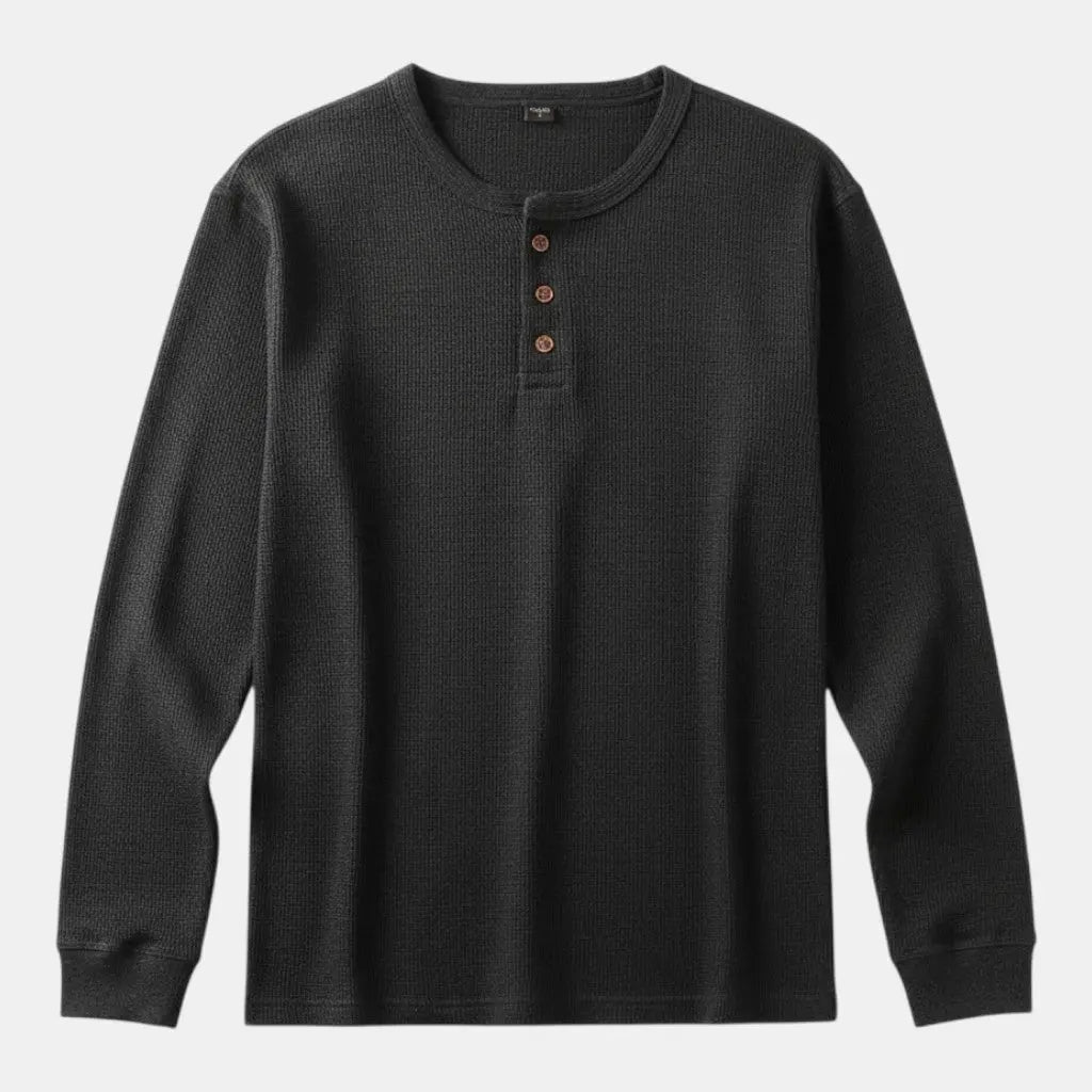 Panorla men's dark grey long-sleeve henley t-shirt with button neck and relaxed fit.