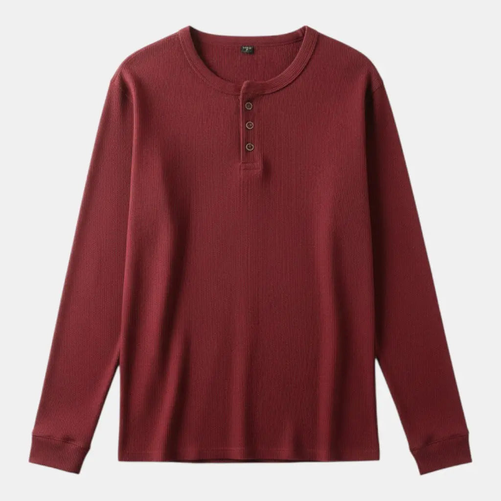 Panorla men's long-sleeved henley t-shirt in dark red waffle knit with a three-button placket.