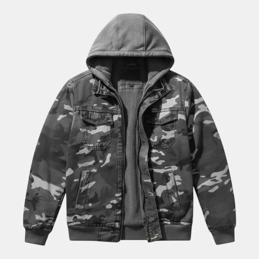 Panorla men's grey camouflage hooded jacket with zip front, chest pockets, and adjustable drawstring hood.