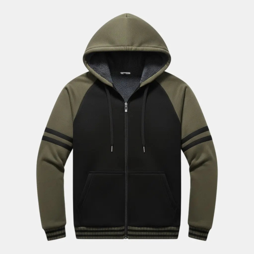 Panorla men's black and olive green zip-up hoodie with fleece lining, drawstring hood, front pocket, and striped cuffs.