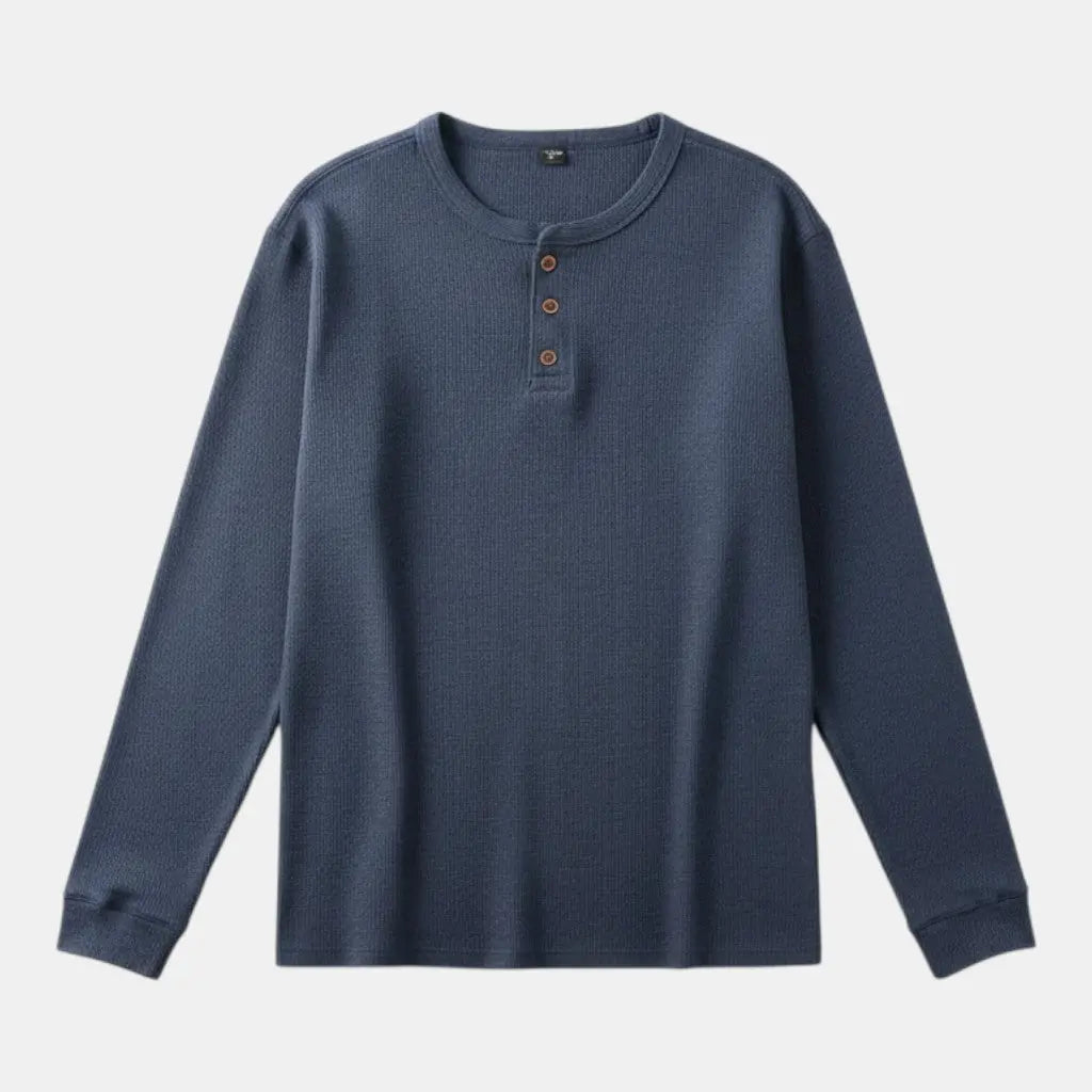 Panorla men's long-sleeve navy blue henley t-shirt with button closure and ribbed texture.