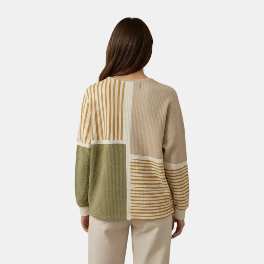 Panorla women's patchwork waffle knit sweater in green, beige, and cream with brown button detail. Loose fit, breathable.