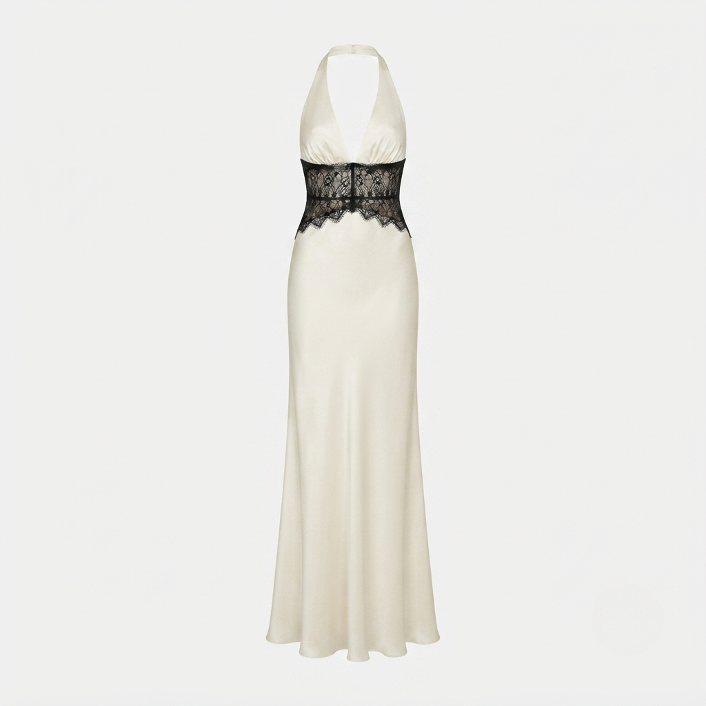 Satynowa Sukienka Maxi Damska – Halter, Koronkowa Talia, Odkryte Plecy