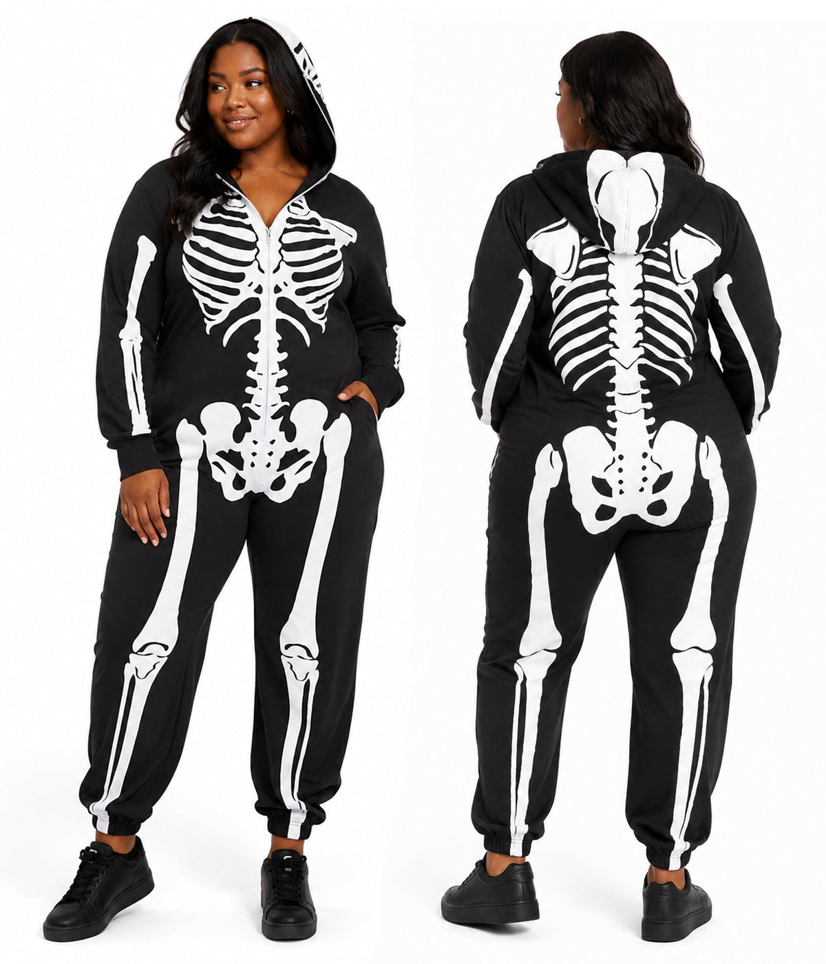 Skeletowe Onesie Damskie – Halloweenowy Kombinezon z Kapturem