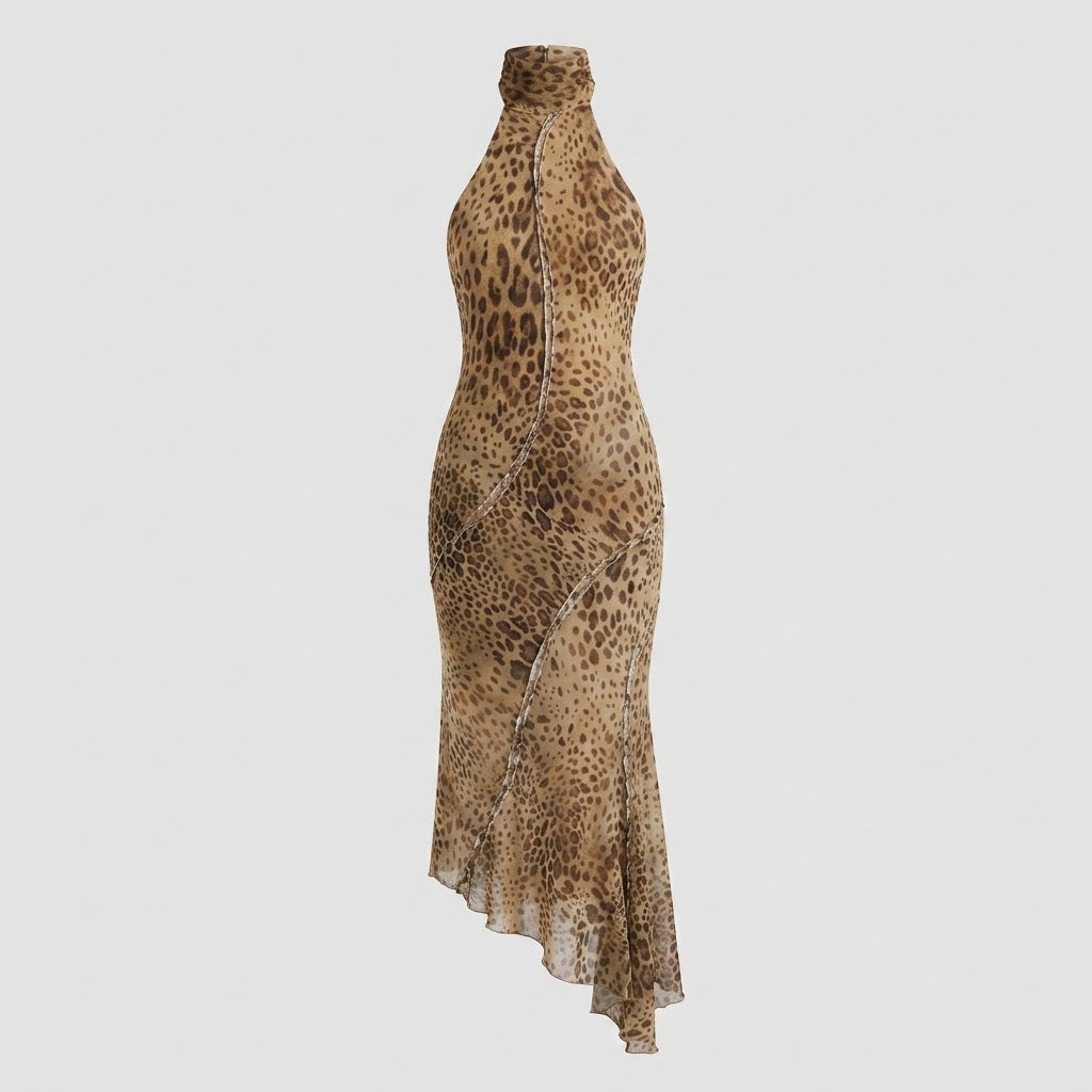 Leopard Maxikjole Dame Halterneck – Dyreprint
