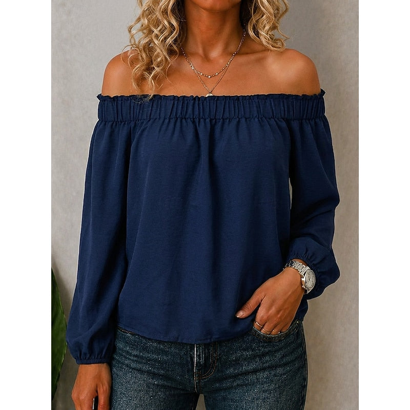 Off-Shoulder Top Dame – Bardotbluse med Volan og Lange Ærmer