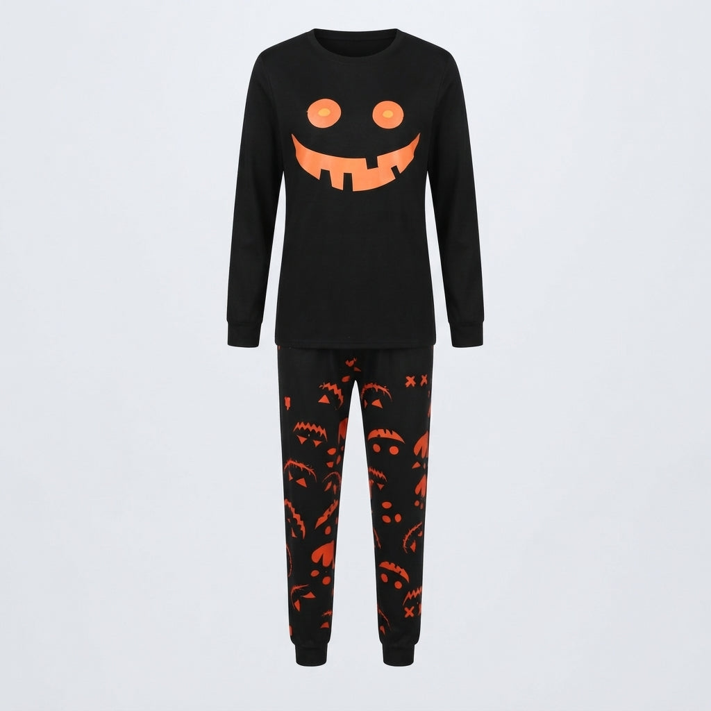 Halloween Pyjamas Unisex Sæt – Sort Nattøj med Græskaransigt
