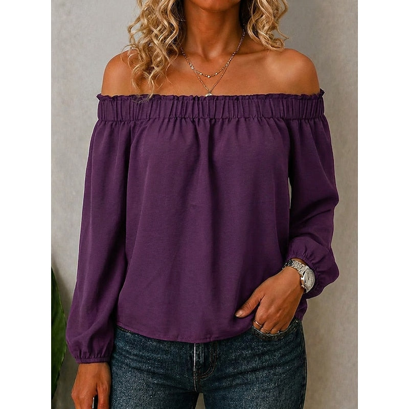 Off-Shoulder Top Dame – Bardotbluse med Volan og Lange Ærmer