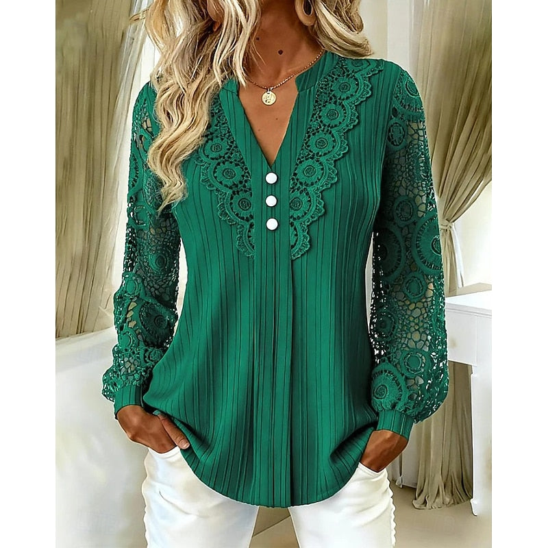 Blondebluse Dame – V-hals Bluse med Knapper og Lange Ærmer