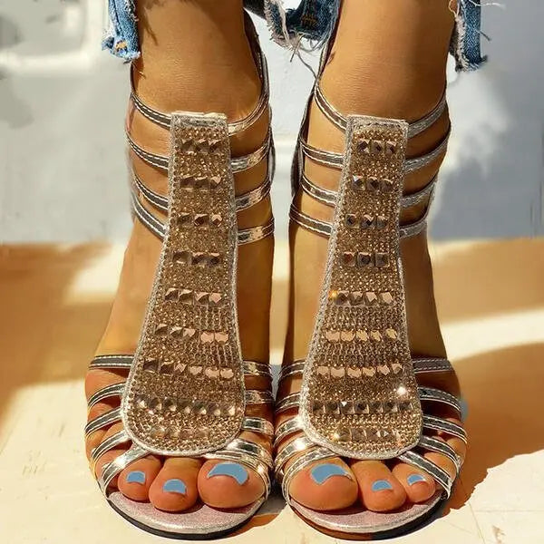 Elegant Gladiator Sandaler Dame med Blok Hæl & Rhinsten Detaljer til Festlige Anledninger 2