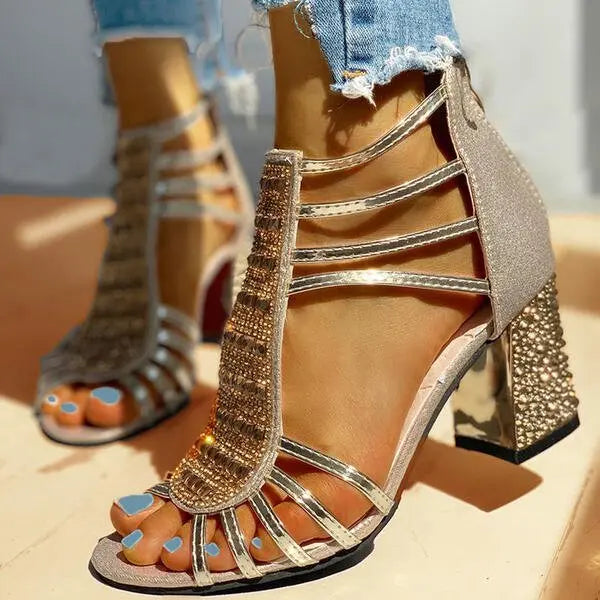 Elegant Gladiator Sandaler Dame med Blok Hæl & Rhinsten Detaljer til Festlige Anledninger 1