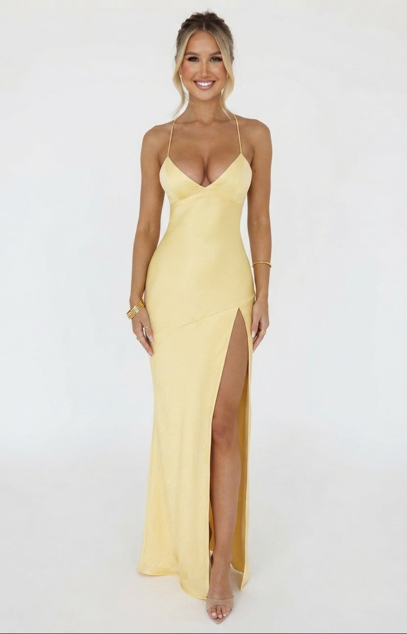Satin Maxikjole Dame – Halterneck Festkjole med Slids