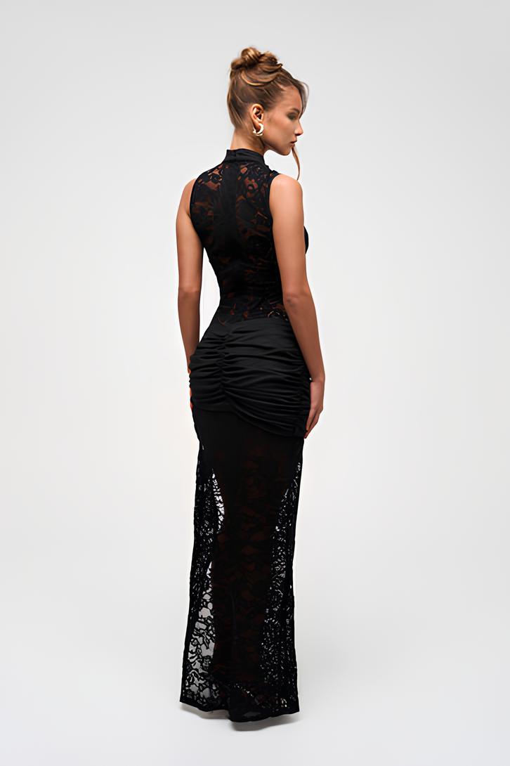 Lace Maxi Dress Women – Sleeveless High-Neck Slit Evening Gown, Black